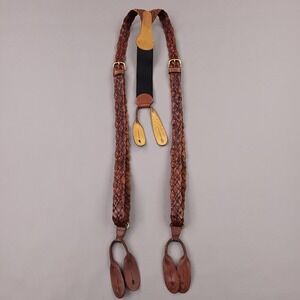 Leather Braided Suspenders Mens One Size Brown Elastic Button End Brass Hardware